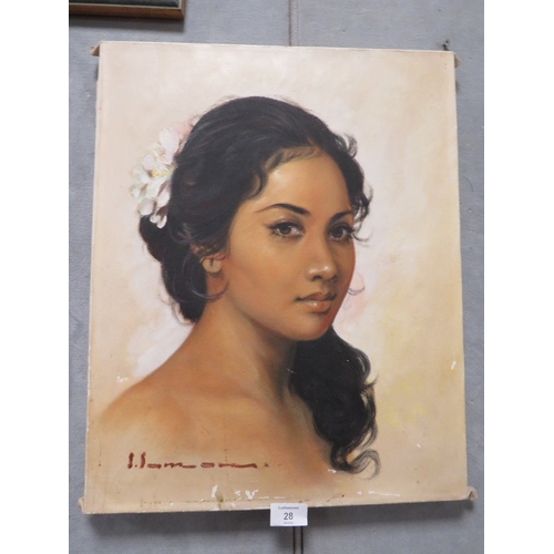 28 - A UNFRAMED OIL ON CANVAS PORTRAIT OF A LADY SIGNED LOWER LEFT