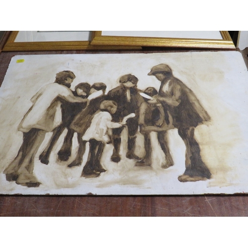 9 - AN UNFRAMED PAINTING ON BOARD  NORTHERN INDUSTRIAL SCHOOL WITH FIGURES AND CHILDREN