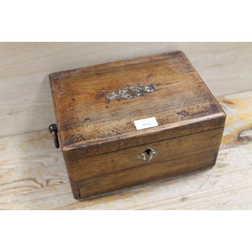 400 - AN INLAID TWIN HANDLED WORK BOX WITH SECRET DRAWER A/F