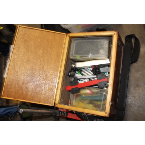 631 - A SELECTION OF FISHING EQUIPMENT TO INCLUDE A FISHING BOX, WEIGHTS, FLOATS AND RODS