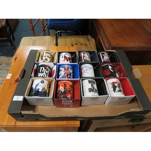 72 - A TRAY CONTAINING 12 NEW BOXED POP MUSIC RELATED MUGS TO INCLUDE THE WHO x 2, MADONNA, KINGS OF LEON... 