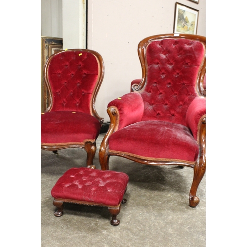 809 - A VICTORIAN MAHOGANY GENTLEMANS & LADIES CHAR WITH SMALL STOOL