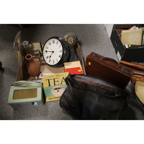 158 - TWO TRAYS OF SUNDRIES TO INCLUDE BLUE/WHITE MEAT PLATE , A ROBERTS RADIO , LEATHER CASE ETC