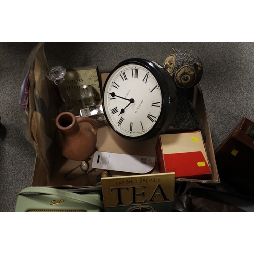 158 - TWO TRAYS OF SUNDRIES TO INCLUDE BLUE/WHITE MEAT PLATE , A ROBERTS RADIO , LEATHER CASE ETC