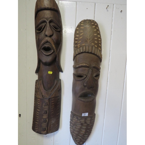 101 - TWO LARGE AFRICAN STYLE WOODEN WALL MASKS
