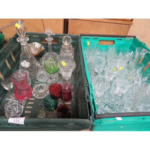 115 - TWO TRAYS OF ASSORTED GLASSWARE TO INCLUDE DECANTER (TRAYS NOT INCLUDED )