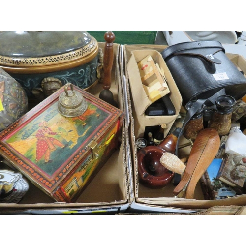 140 - TWO TRAY OF COLLECTABLES TO INCLUDE BINOCULARS , PIPES ETC