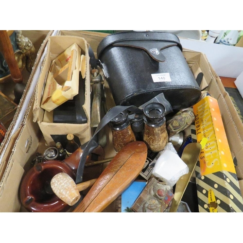 140 - TWO TRAY OF COLLECTABLES TO INCLUDE BINOCULARS , PIPES ETC