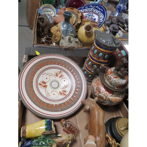 145 - TWO TRAYS OF ASSORTED CERAMICS ETC TO INCLUDE A CAST FIGURE OF A TRUMPETER A/F CLAY POTS ETC