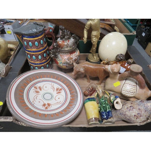 145 - TWO TRAYS OF ASSORTED CERAMICS ETC TO INCLUDE A CAST FIGURE OF A TRUMPETER A/F CLAY POTS ETC