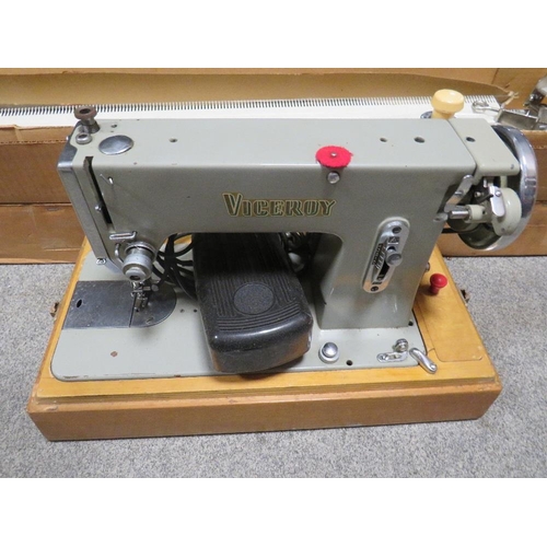 154 - A CASED VINTAGE VICROY SEWING MACHINE TOGETHER WITH A PART KNITTING MACHINE A/F (UNCHECKED)