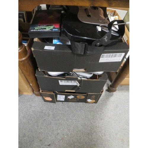 155 - THREE TRAYS OF ASSORTED VINTAGE GAMES CONSOLES, GAMES AND ACCESSORIES (UNCHECKED)