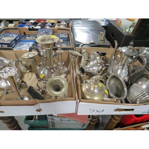 156 - TWO TRAY OF ASSORTED SILVER PLATED WARE ETC TO INCLUDE A  PAIR OF PHEASANTS , A SILVER HANDLE BUTTON... 
