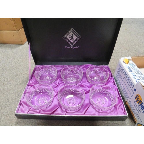 166 - TWO TRAYS OF ASSORTED GLASSWARE ETC TO INCLUDE EDINBURGH CRYSTAL BOWLS