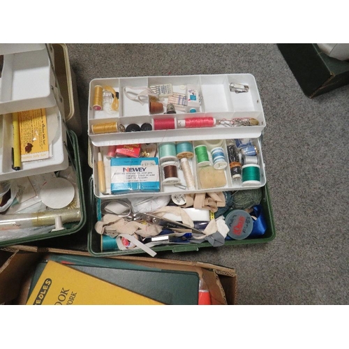 167 - TWO BOXES AND A TRAY OF ASSORTED NEEDLEWORK ITEMS