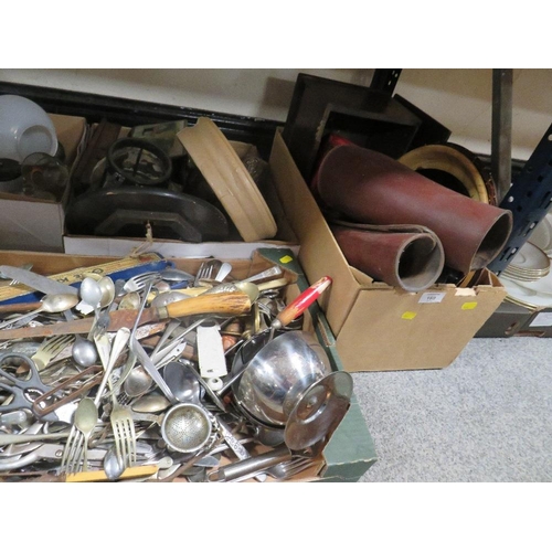 169 - A QUANTITY OF SUNDRIES TO INCLUDE A SMALL PAIR OF LEATHER HALF CHAPS. TINS, TRAY OF FLATWARE ETC