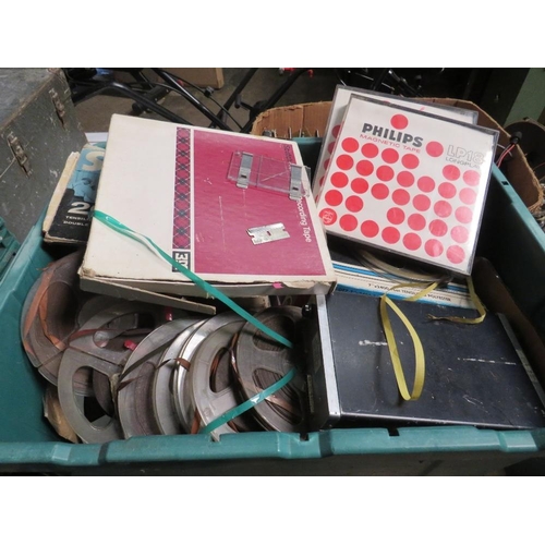 611 - A BOX CONTAINING VARIOUS MAGNETIC TAPE REELS AND A VHS STAR TREK BOX SET