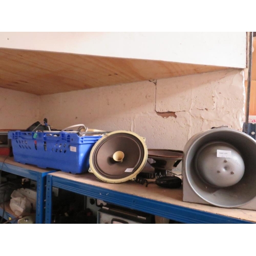 617 - A LARGE SELECTION OF LOOSE SPEAKERS, COMMUNICATION SPEAKERS AND A VINTAGE PORTABLE P A SPEAKER