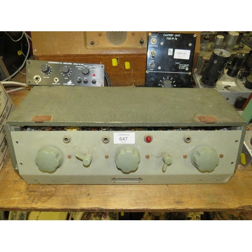 647 - VARIOUS VINTAGE P A AMPLIFIERS , CAUTERY UNIT AND A VALVE RECEIVER