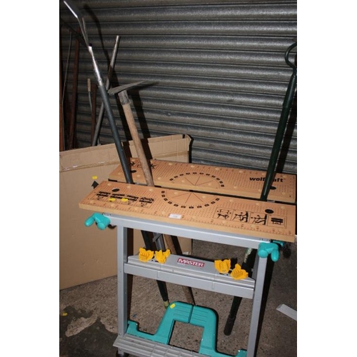 728 - A SELECTION OF ITEMS TO INCLUDE A WOLFCRAFT FOLD AWAY WORK BENCH, GARDEN TOOLS, MAGAZINE RACK ETC