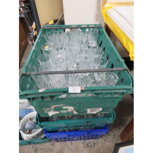 76 - THREE TRAYS OF ASSORTED CUT GLASS ETC TO INCLUDE DRINKING GLASSES (TRAYS NOT INCLUDED)