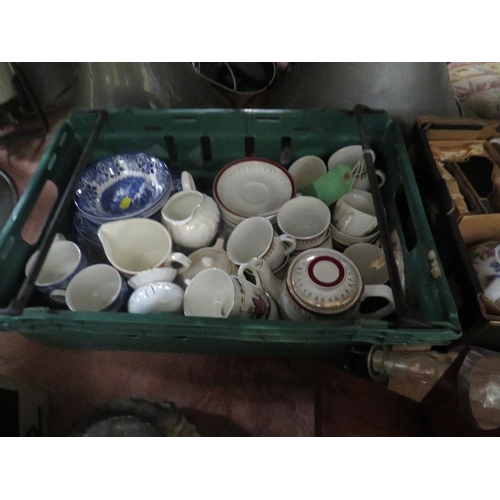 77 - THREE TRAYS OF CERAMICS AND GLASS ETC TO INCLUDE TEA POTS