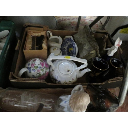 77 - THREE TRAYS OF CERAMICS AND GLASS ETC TO INCLUDE TEA POTS