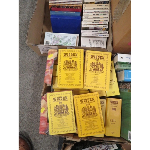 99 - FOUR TRAYS OF ASSORTED CRICKET BOOKS TO INCLUDE WISDEN ALMANACS ETC TOGETHER WITH A PAIR OF VINTAGE ... 