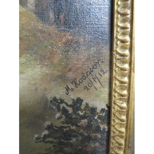 12 - AN OIL ON CANVAS DEPICTING SHEEP CROSSING A BRIDGE SIGNED LOWER RIGHT