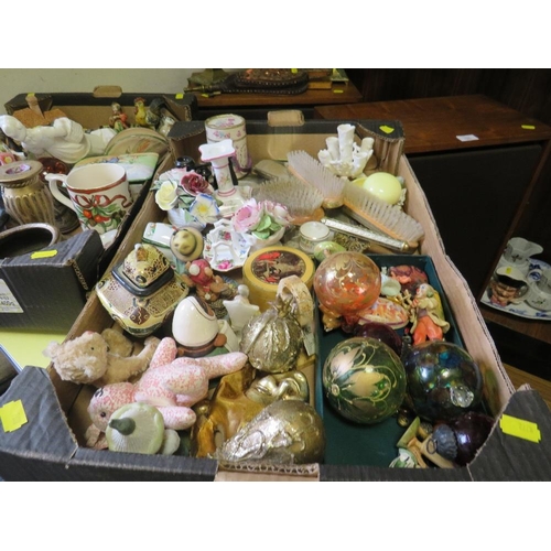 183 - TWO TRAYS OF ASSORTED CERAMICS AND COLLECTABLES TO INCLUDE DRESSING TABLE ITEMS