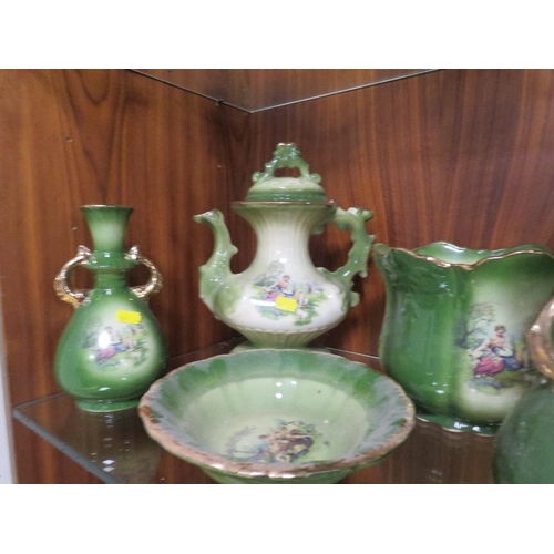 214 - A LARGE COLLECTION OF TRADITIONAL CERAMICS TO INCLUDE A GARNITURE ETC