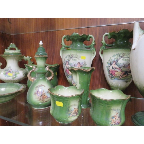 214 - A LARGE COLLECTION OF TRADITIONAL CERAMICS TO INCLUDE A GARNITURE ETC