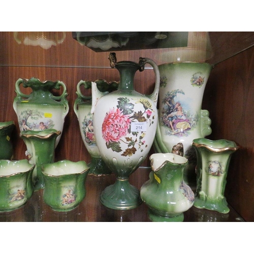 214 - A LARGE COLLECTION OF TRADITIONAL CERAMICS TO INCLUDE A GARNITURE ETC