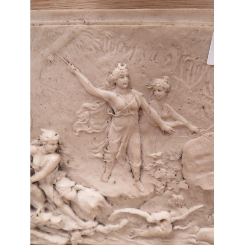 239 - A UNUSUAL PARIAN WARE STYLE PLAQUE POSSIBLY DEPICTING ROMAN GODDESS DIANA HUNTRESS AND NYMPHS HUNTIN... 