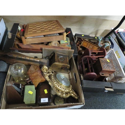 242 - THREE TRAYS OF TREEN AND COLLECTABLES TO INCLUDE A WOODEN GAMES COMPENDIUM , UNUSUAL TEA CADDY ETC