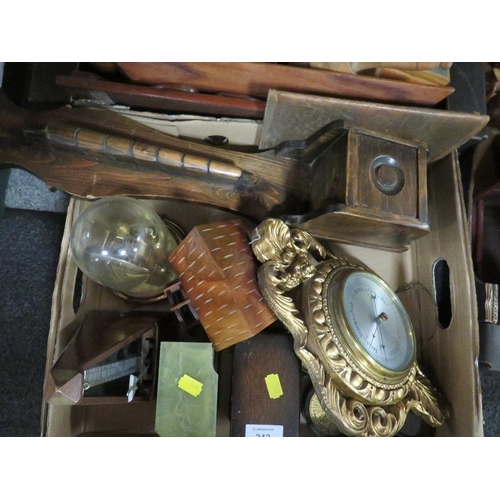 242 - THREE TRAYS OF TREEN AND COLLECTABLES TO INCLUDE A WOODEN GAMES COMPENDIUM , UNUSUAL TEA CADDY ETC