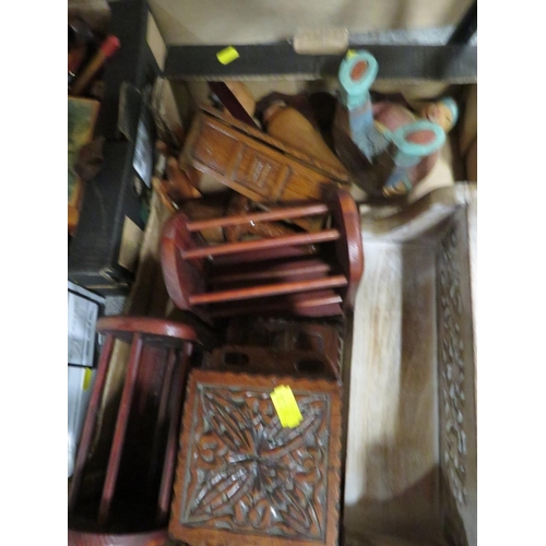 242 - THREE TRAYS OF TREEN AND COLLECTABLES TO INCLUDE A WOODEN GAMES COMPENDIUM , UNUSUAL TEA CADDY ETC