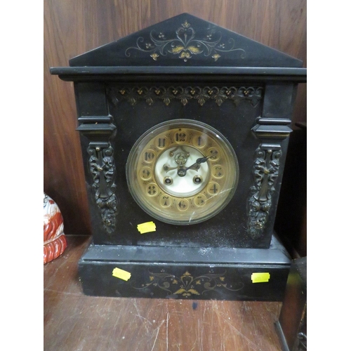 271 - A VINTAGE SLATE MANTLE CLOCK TOGETHER WITH A WOODEN MANTLE CLOCK A/F (2)