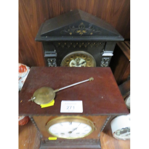 271 - A VINTAGE SLATE MANTLE CLOCK TOGETHER WITH A WOODEN MANTLE CLOCK A/F (2)