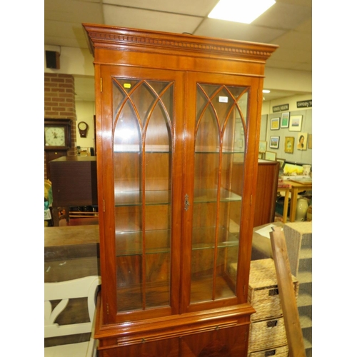 818 - A REPRODUCTION YEW SLIM GLAZED CABINET / BOOKCASE - H 206 cm, W 79 cm