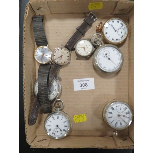 308 - A SMALL TRAY OF THREE WRISTWATCHES AVALON, BASIS AND MARCEL, TOGETHER WITH FIVE POCKET WATCHES TO IN... 