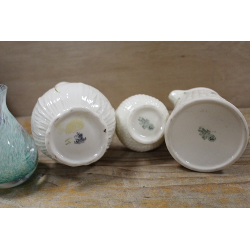 416 - A SMALL COLLECTION OF BELLEEK TOGETHER WITH A CAITHNESS VASE