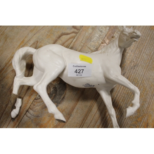 427 - A BESWICK HORSE AND A ROYAL DOULTON HORSE TOGETHER WITH TWO OTHERS A/F