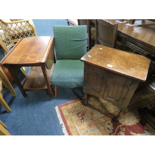 851 - A SMALL OAK GOTHIC BEDSIDE CABINET, OAK TROLLEY AND RETRO CHAIR (3)