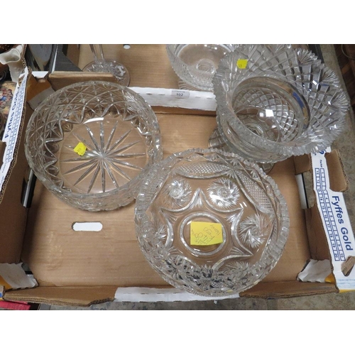 102 - THREE TRAYS OF LARGE CUT GLASS ITEMS TO INCLUDES VASES AND BOWLS