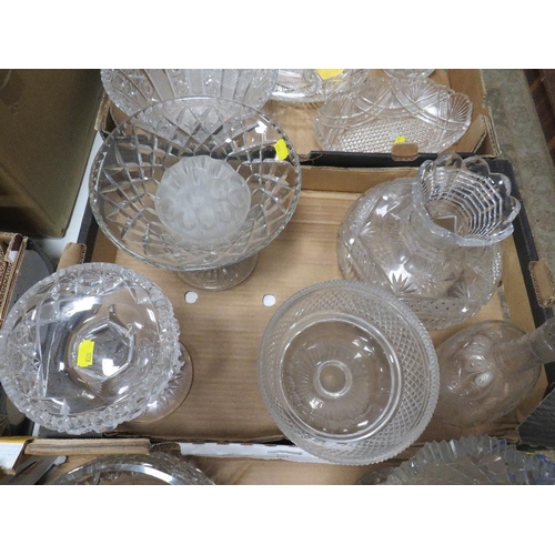 102 - THREE TRAYS OF LARGE CUT GLASS ITEMS TO INCLUDES VASES AND BOWLS