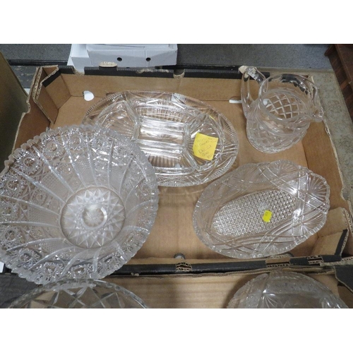 102 - THREE TRAYS OF LARGE CUT GLASS ITEMS TO INCLUDES VASES AND BOWLS