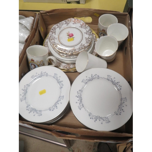 107 - TWO TRAYS OF DINNERWARE ETC TO INCLUDE SEVERAL MINTON SILVER SCROLL PLATTERS ETC