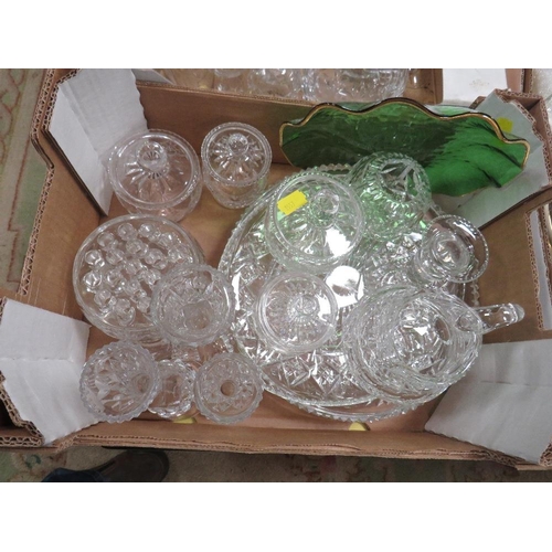 109 - TWO SMALL TRAYS OF ASSORTED GLASSWARE TO INCLUDE A CUT GLASS EWER