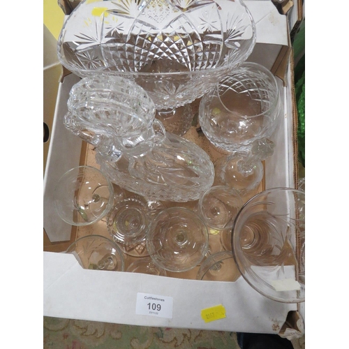 109 - TWO SMALL TRAYS OF ASSORTED GLASSWARE TO INCLUDE A CUT GLASS EWER